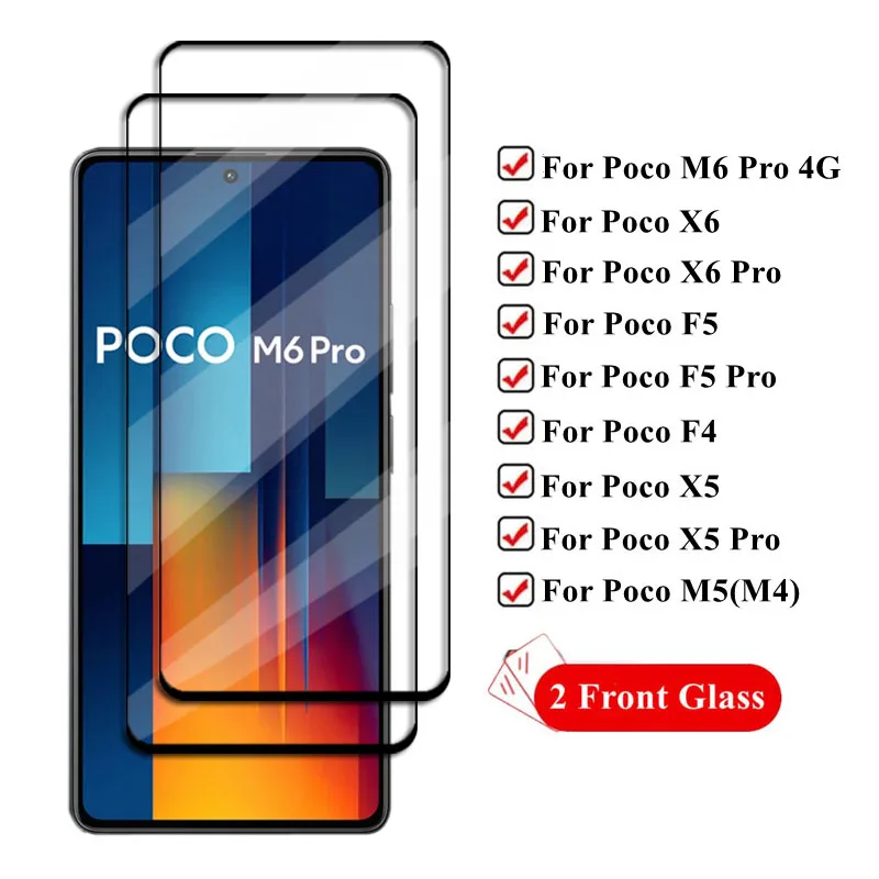 

2Pcs Glass For Poco M6 Pro Full Cover Tempered Glass Screen Protector Protective Phone Film Poco M6 X6 Pro F5 F4 X5 M5 M4 Glass