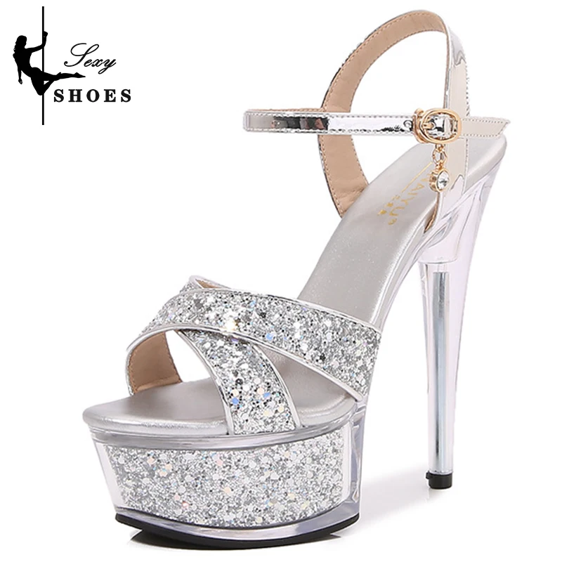 Glitter Sequin Champagne Shoes Platform Heels Super High Heel Party Wedding Banquet Women's Sandals Open Toe Clear Heel Stiletto