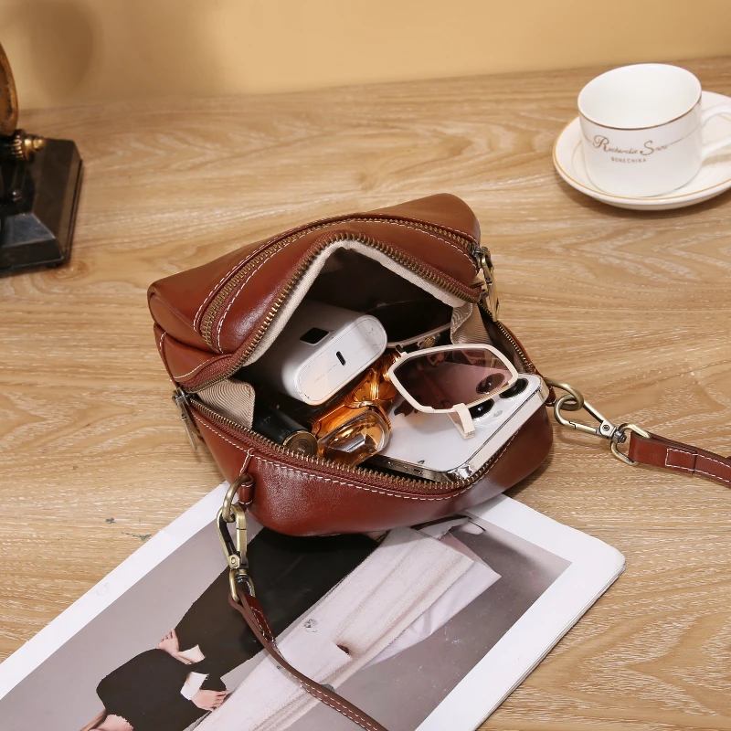 Top Layer Cowhide Shoulder Bag Fashion Genuine Leather Small Round Bag Daily Women's Bags Genuine Leather Crossbody Bag