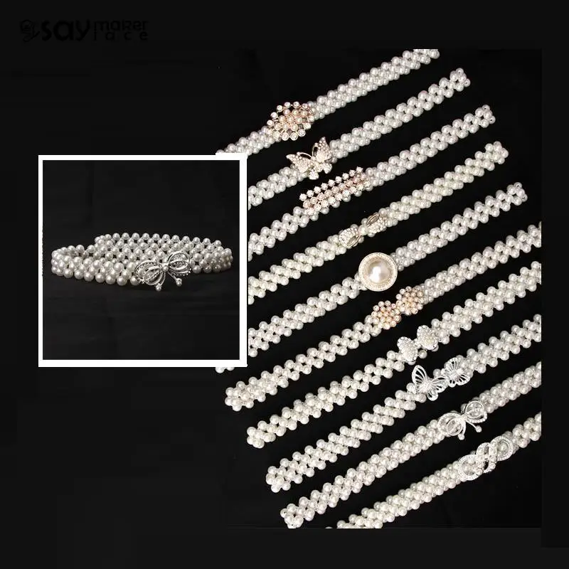 

Bridal Crystal Wedding Elastic Belt Elegant Pearls Belt Rhinestones Faux Pearl Dress Belt Sash Female Girls Dresses Accessories