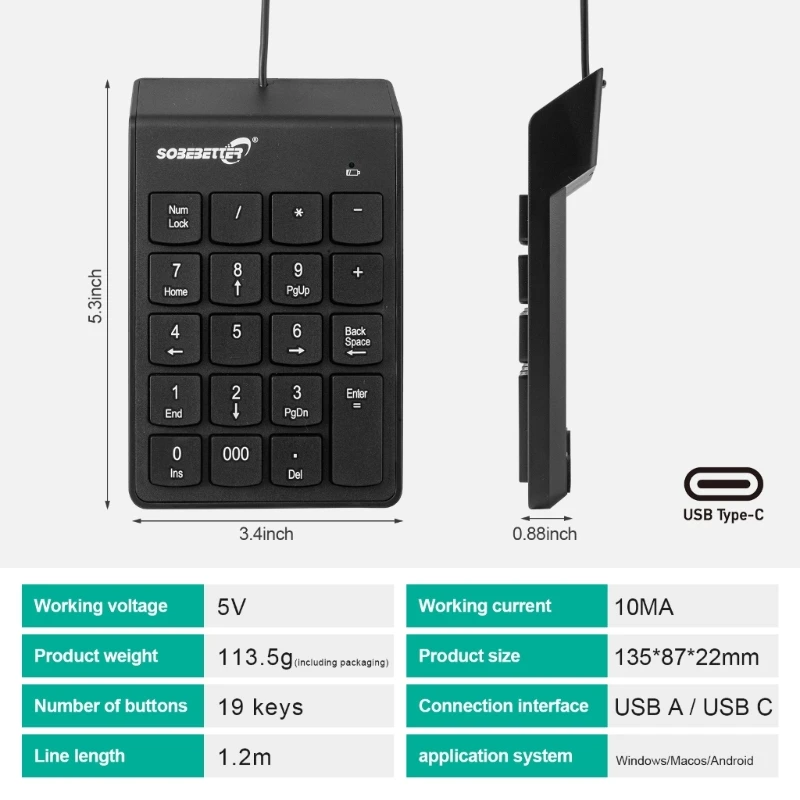 와이어 번호 패드 유형 C/USB 숫자 키패드 19 키 숫자 키패드 키보드 F19E