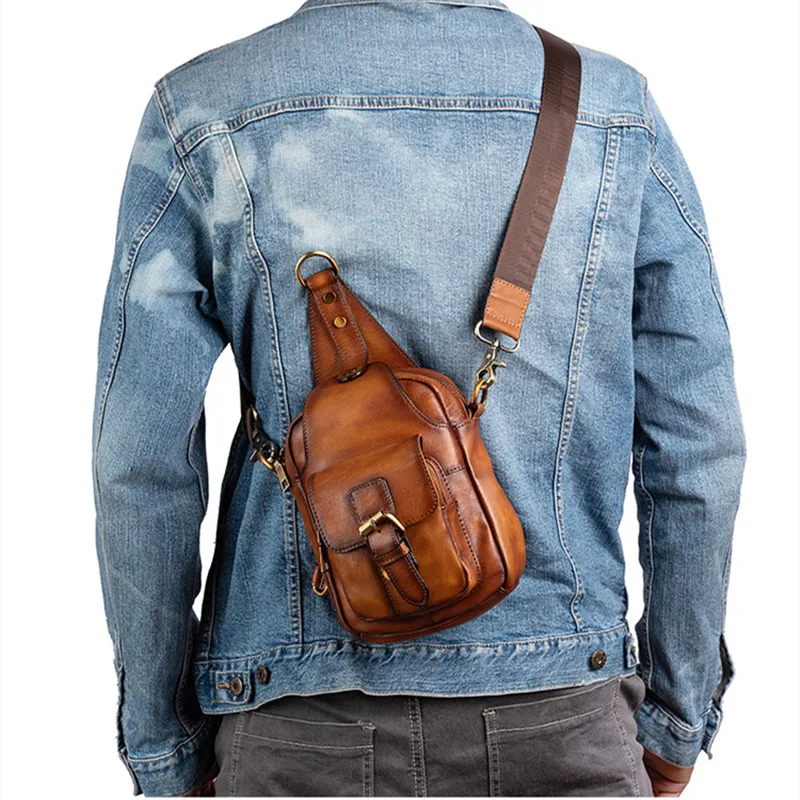 Fashion original leather men's chest bag vintage cowhide crossbody bag multifunction messenger bag large capacity sling bag