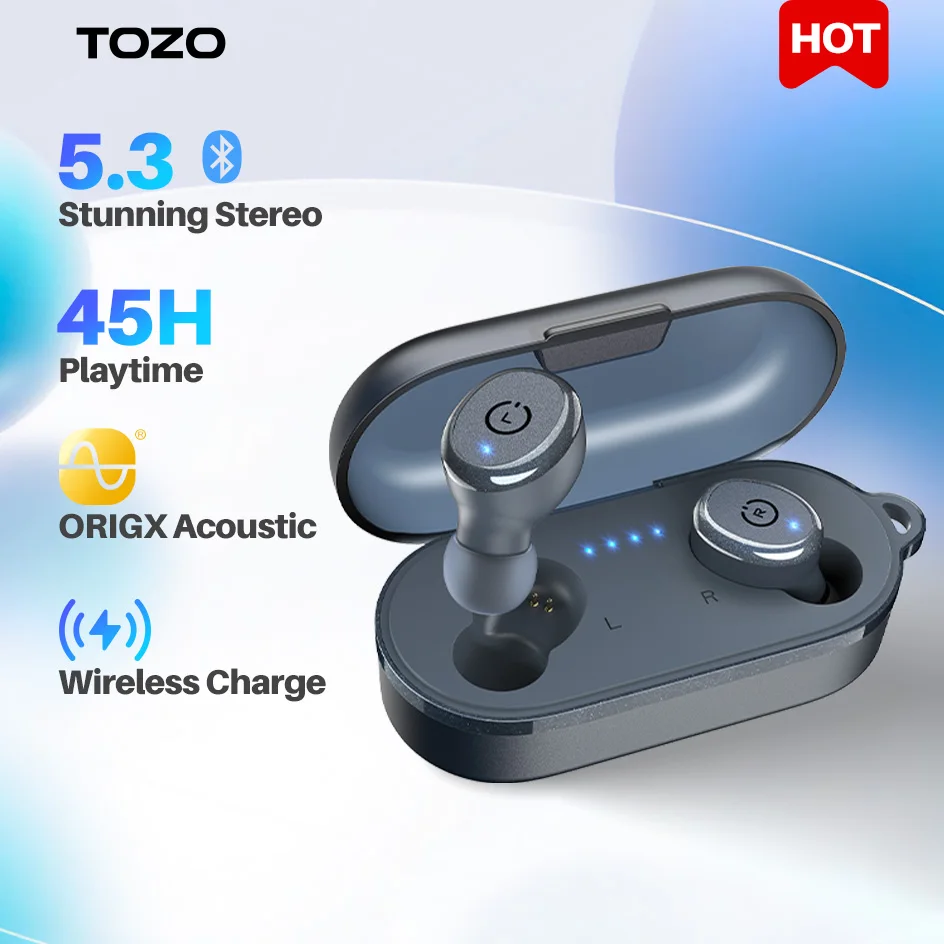 TOZO-T10 Fones de ouvido sem fio, fones de ouvido Bluetooth 5.3, fones de ouvido estéreo à prova d'água IPX8