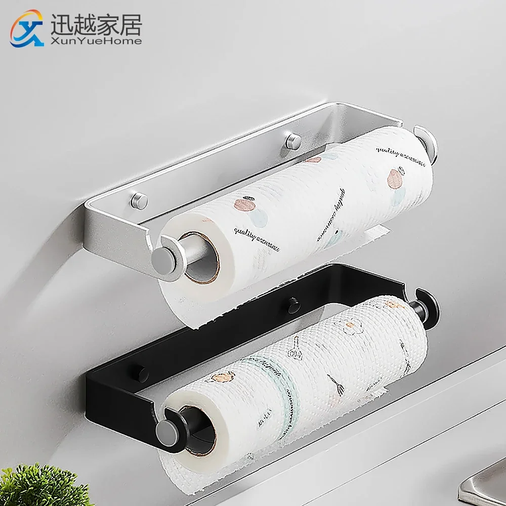 Paper Towel Holder Roll Paper Holder Black Aluminum Cling Film Towel Rack Kitchen Accessories Toliet Tissue Hanger Wall Organizer Storage Shelf