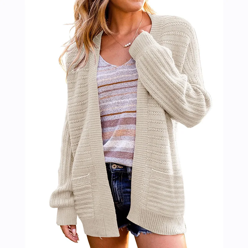 

2023 Autumn/Winter New Knitwear Solid Sweater Medium Length Knitwear Cardigan Pink Pocket Women Coat Cardigan women cardigan