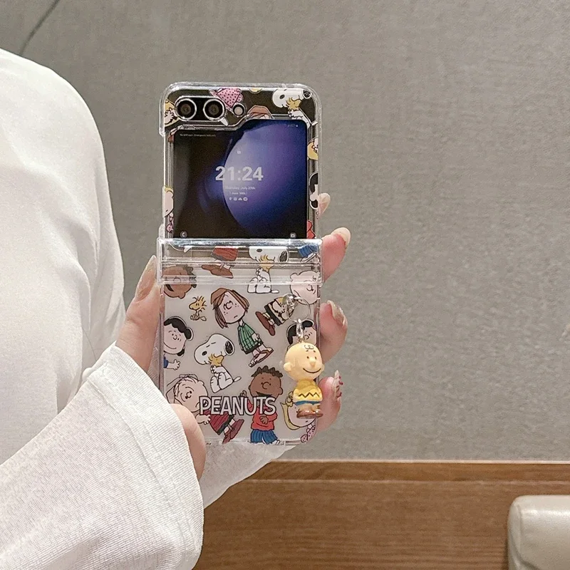 Bonita funda de teléfono transparente con dibujos animados de Snoopy, Charlie Brown y Peanuts para Samsung Galaxy Z Flip 5, carcasa trasera rígida de PC para Z Flip 3 4