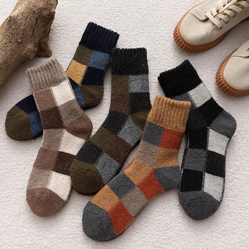 5Pairs Classic Plaid Printed Warm Sheep's Wool Middle Sock Winter Men Women Socks Thicken Color Korean Retro Sock for Snow Boots