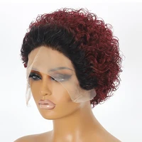 Perruque de Cheveux Humains Courts Bouclés, Coupe Pixie, 1b 99J, Balayage Bordeaux, Couleur Miel Ombré, 13x1, Pre-Plucked 3