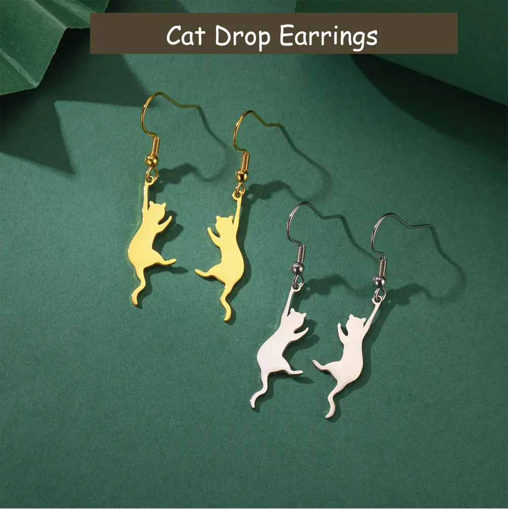 Cat Kitten Dangle Earrings for Girls Stainless Steel Cute Animal Earrings - PeticaDeals