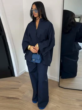 Lapel Short Sleeve Pocket Solid Color Shirt Pants Set Loose Fit Straight Leg Trouser 2026 Spring Casual Women Daily Outfit 1