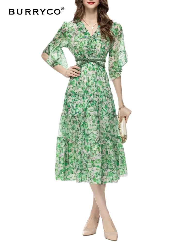 

BURRYCO Women's New 2023 Summer Fairy Fashion Print Beaded Horn Sleeves V-Neck Temperament Dress