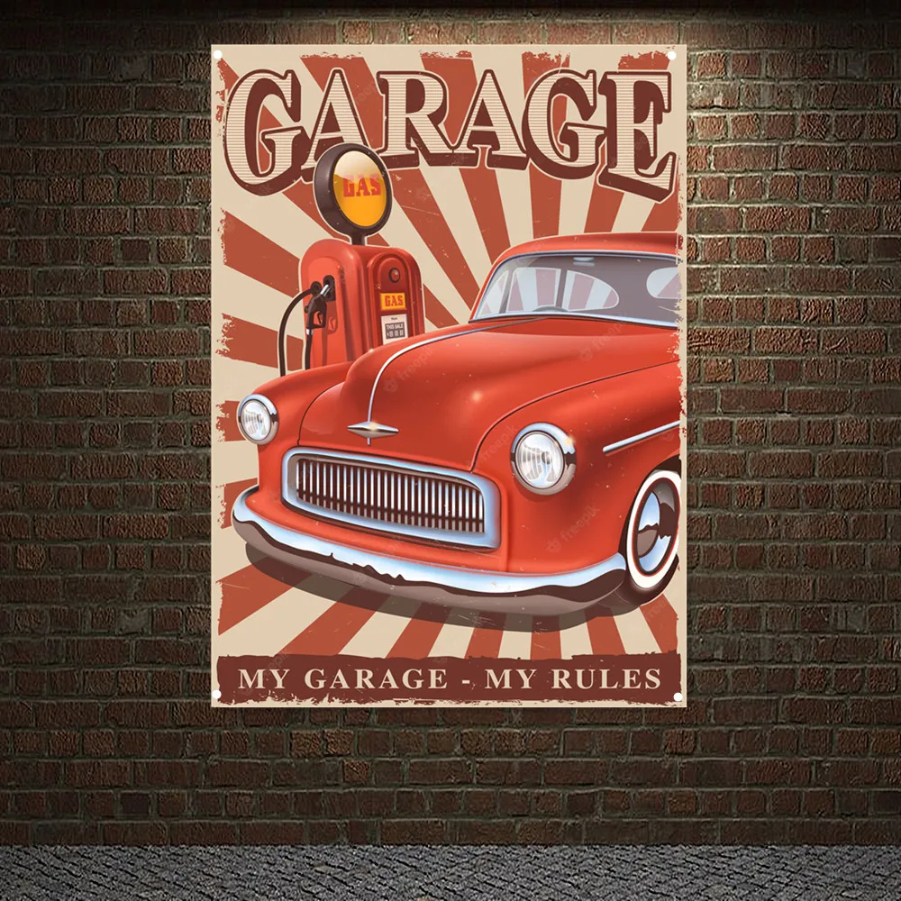 My Garage My Rules Vintage Car Full Service Poster Auto Repair Shop Pin Up Art Banner Pittura Murale Stazione Di Servizio Home Decor Flag
