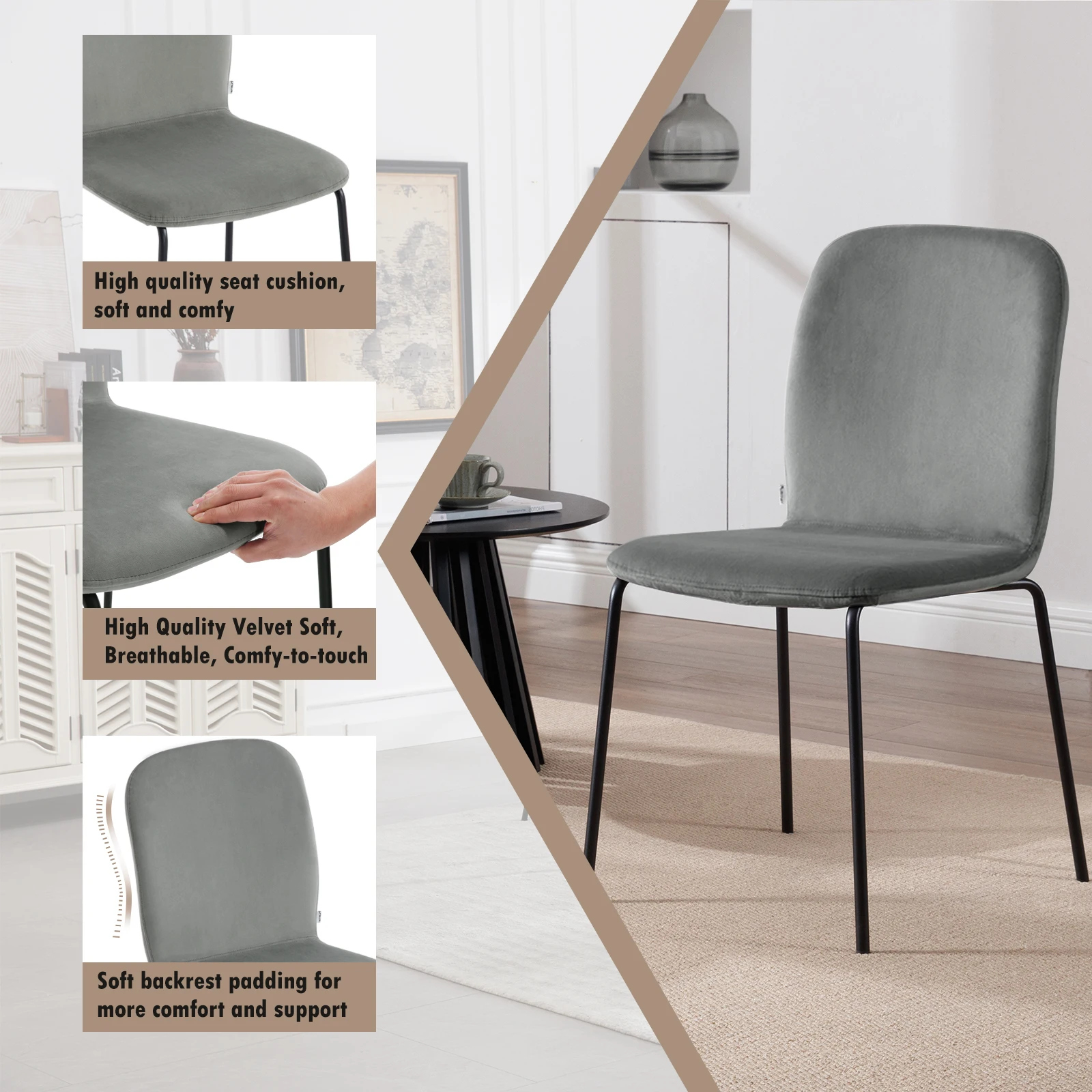 WOLTU 4 Stück/Set stapelbarer skandinavischer Küchenstuhl, Samt-Esszimmerstuhl, gepolsterter Sitz mit Metallbeinen und Rückenlehne für Restaurants – Detail 16