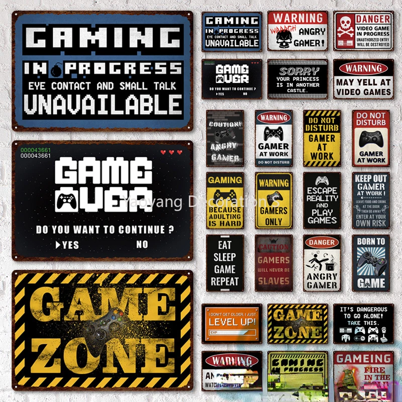 

Game Zone Tin Sign Metal Signs Vintage Gamer At Work Warning for Home House Club Game Room Man Cave Wall Decoration