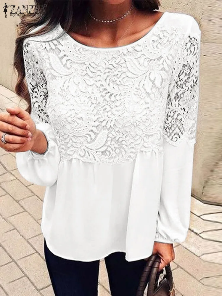 

Топы ZANZEA женские с кружевной вставкой, повседневные Модные прозрачные блузки с круглым вырезом, летние офисные деловые праздничные рубашки с длинным рукавом