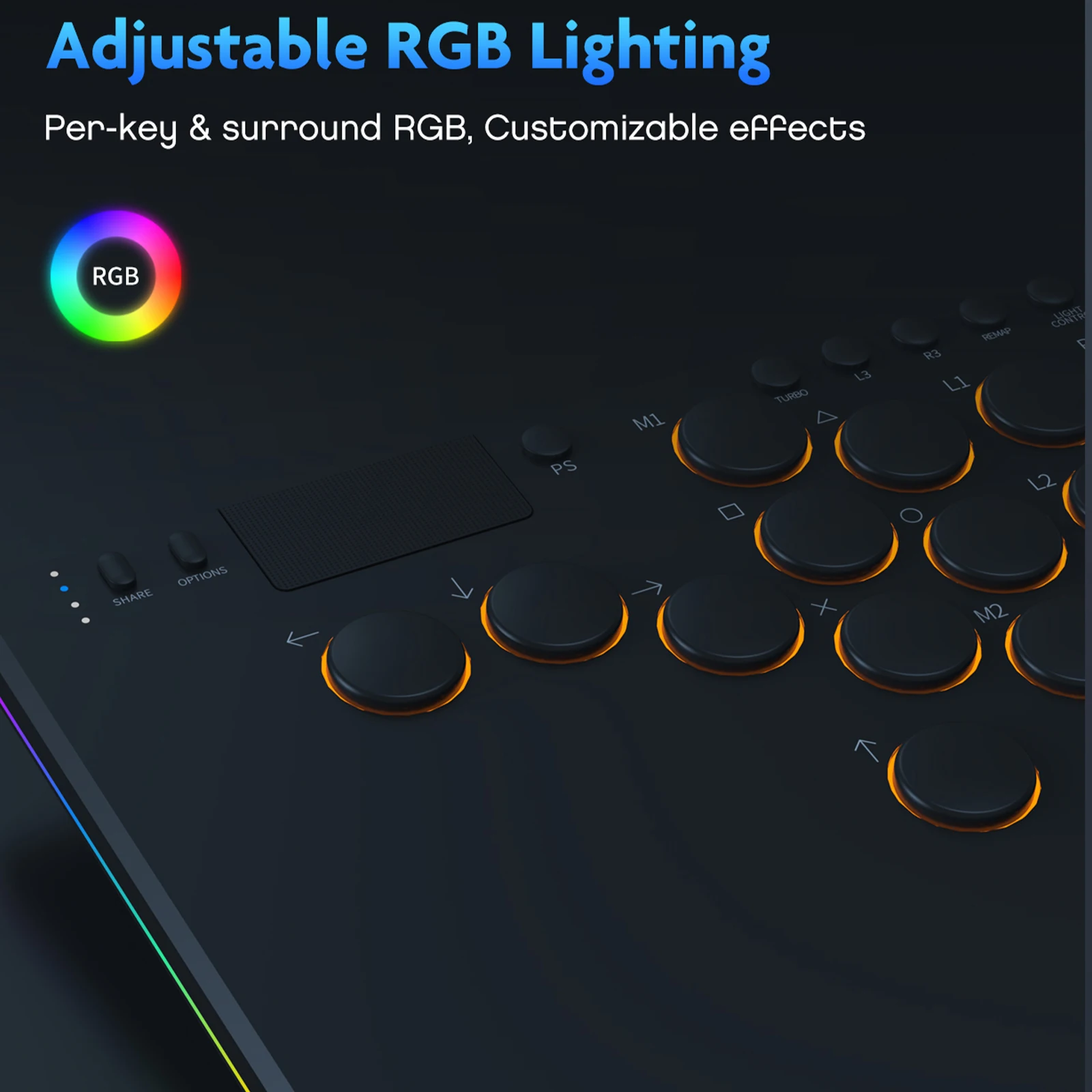 14키 레버리스 컨트롤러 아케이드 스틱(RGB 블랙 파이팅 게임 키보드 포함) 스위치/PS4/PC 게임용 핫스왑 지원