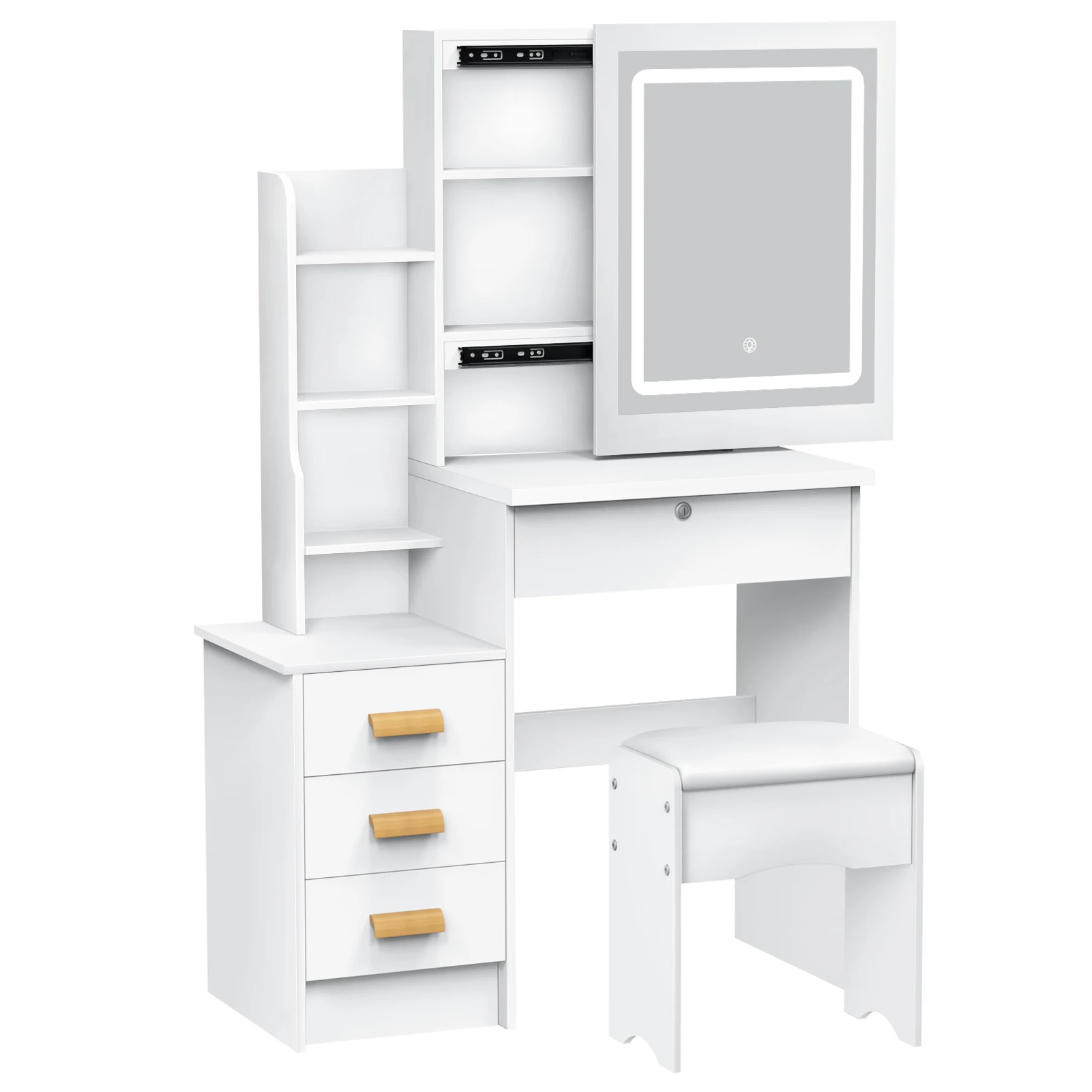 Vanity Table(Including Chairs), Dressing Table With Sliding Mirror and Stool, Bedroom Makeup Desk, Dresser With 4 Drawers