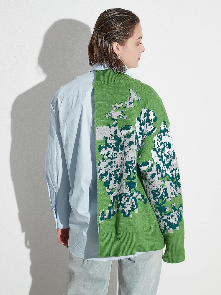 Twotwinstyle المرأة المرقعة عارضة فضفاض قميص طويل...