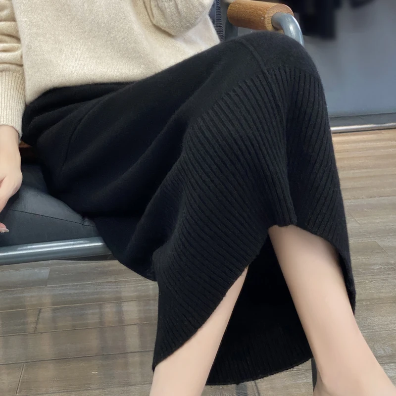 Knitted Cashmere Skirt for Women, Double Pocket, 100% Pure Wool, Commuter Joker, Straight Skirt, Autumn and Winter, New 2