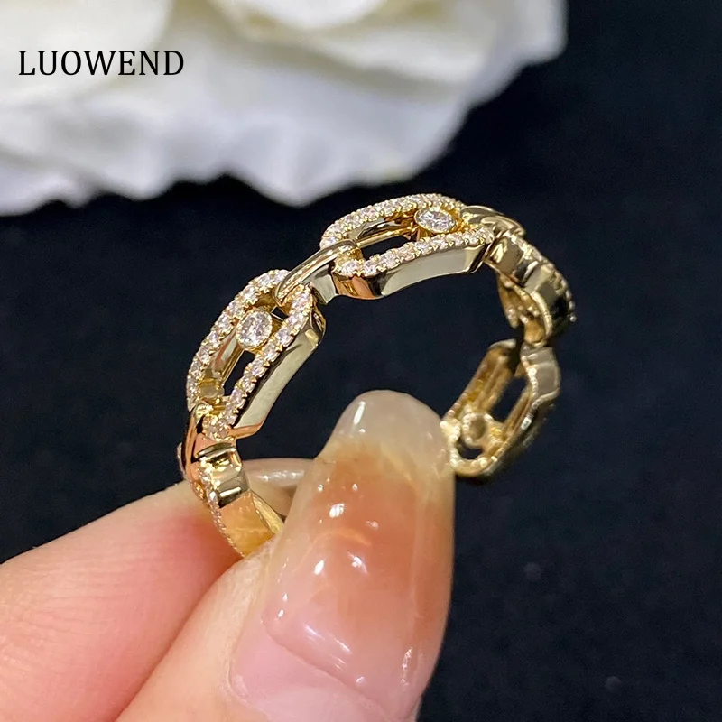 LUOWEND 18K Yellow or Rose Gold Rings Luxury Real Natural Diamond Rings Wedding Fine for Women Fashion Chain Design Jewelry luowend 18k white gold necklace luck clover shape real natural diamonds 0 70carat pendant for women anniversary jewelry