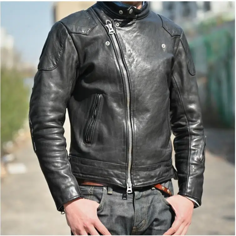 

YR!Free shipping.Heavy thick cowhide motor jacket.Mens vintage style tanned leather coat.1.4mm leather Rider jacket.Slim fit