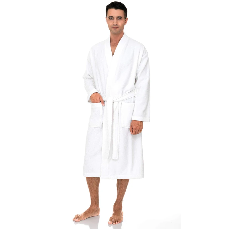 100% Cotton Men's Winter Bathrobe Solid Terry Homewear Pockets V Neck Neck Length Robe Kimono With Sashes For Male 2024