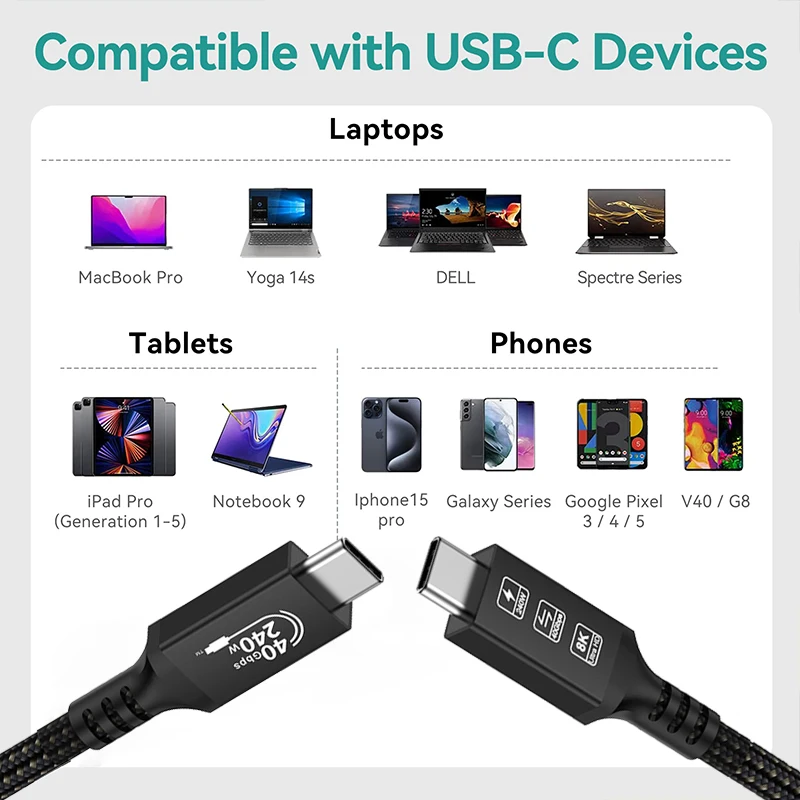 High-Speed USB4 Cable - 40Gbps Thunderbolt 4, 8K Video, 240W Fast Charging, USB-C Data Connection