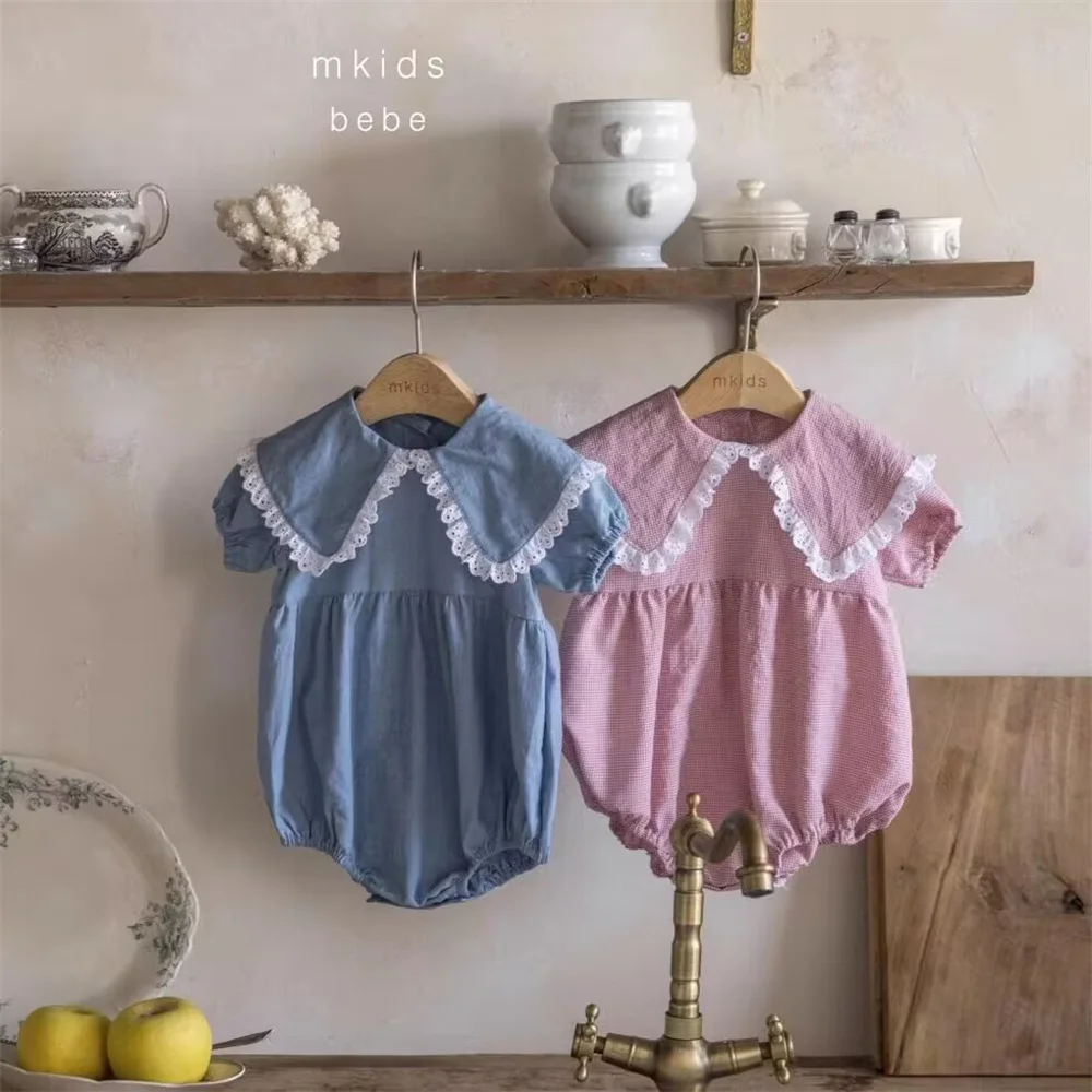 

England Style Baby Girls Doll Collar Lace Romper Cute Newborn Infant Summer Short Sleeve Bodysuit Toddlers Clothes 2023 New