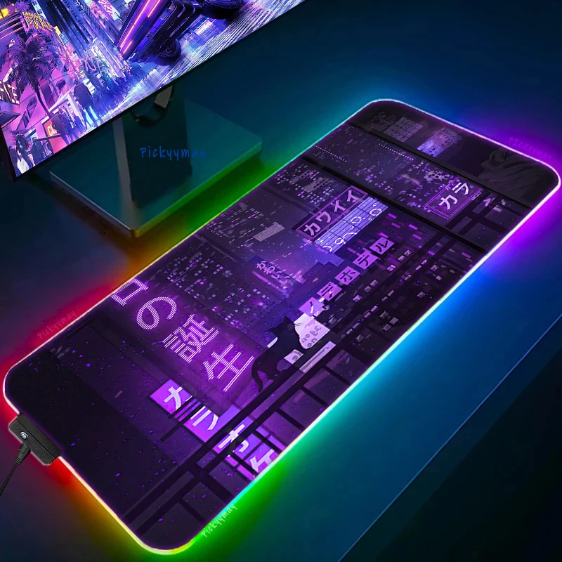 Tapete de Mesa do Teclado das Almofadas de Mesa dos Mousepads do Japão com Backlit a Grande Almofada do Rato do Rgb Xxl Roxa Cidade Neon Conduziu a Esteira do Rato