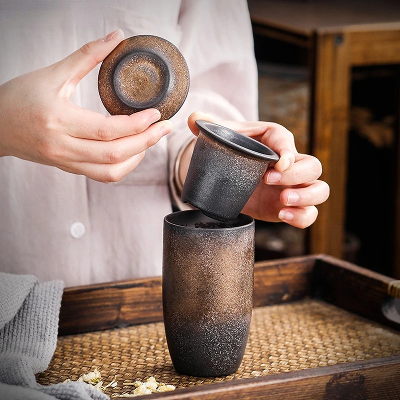 Large Retro Ceramic Tea Cup with Lid and Infuser Kung Fu Tea Set Coarse Pottery Office Coffee Cup Gift Saudi Arabia Dedicated