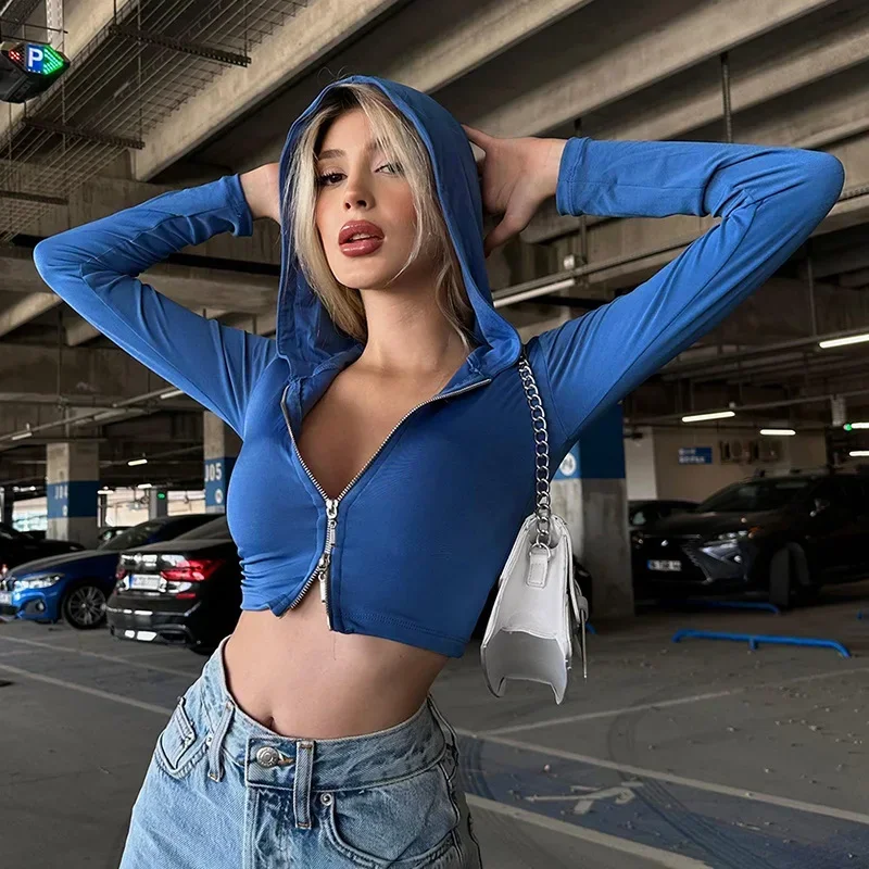 

Zippers Open Sexy Hooded T-shirt Women Sports Casual Long Sleeve Crop T Shirts for Women Autumn Slim Fit Hoodies Tees Tops 29850