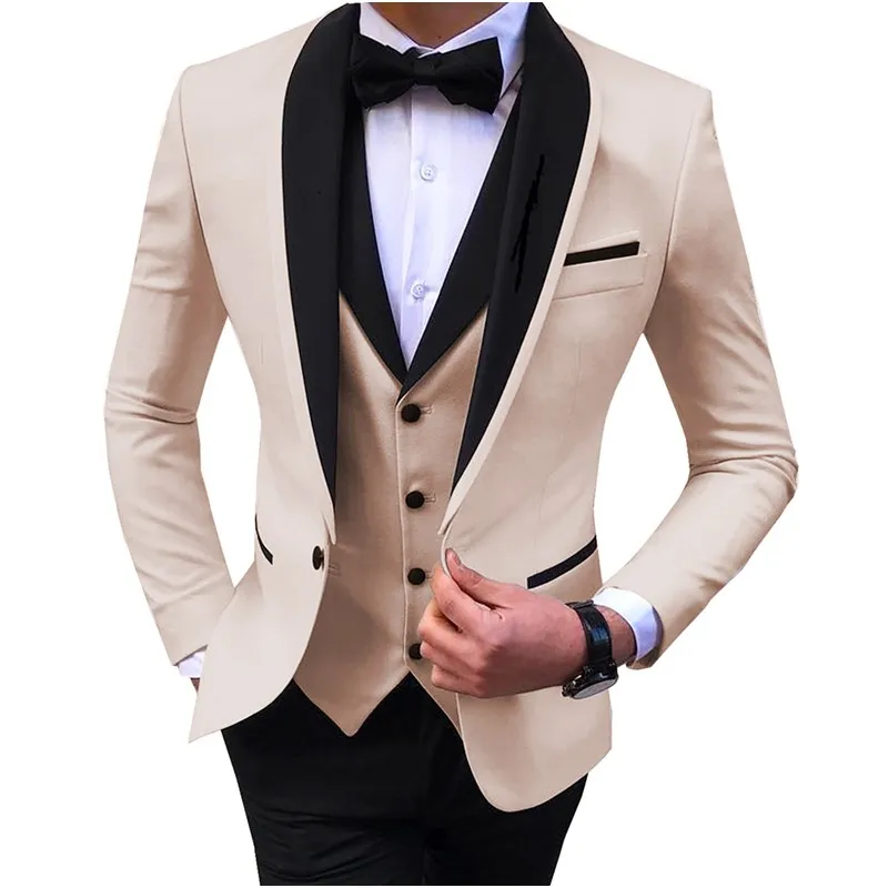 

3 Pieces Formal Men Suit Slim Fit Business Beige Suits Groom Champagne Tuxedos for Wedding Suit (Blazer+Pants+Vest)