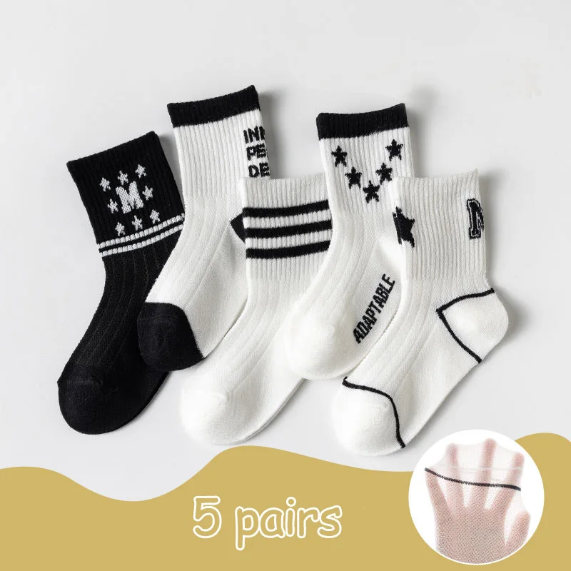 5 pairs of children's socks Summer thin mesh socks for girls boys mid-tube socks Large cotton socks for children