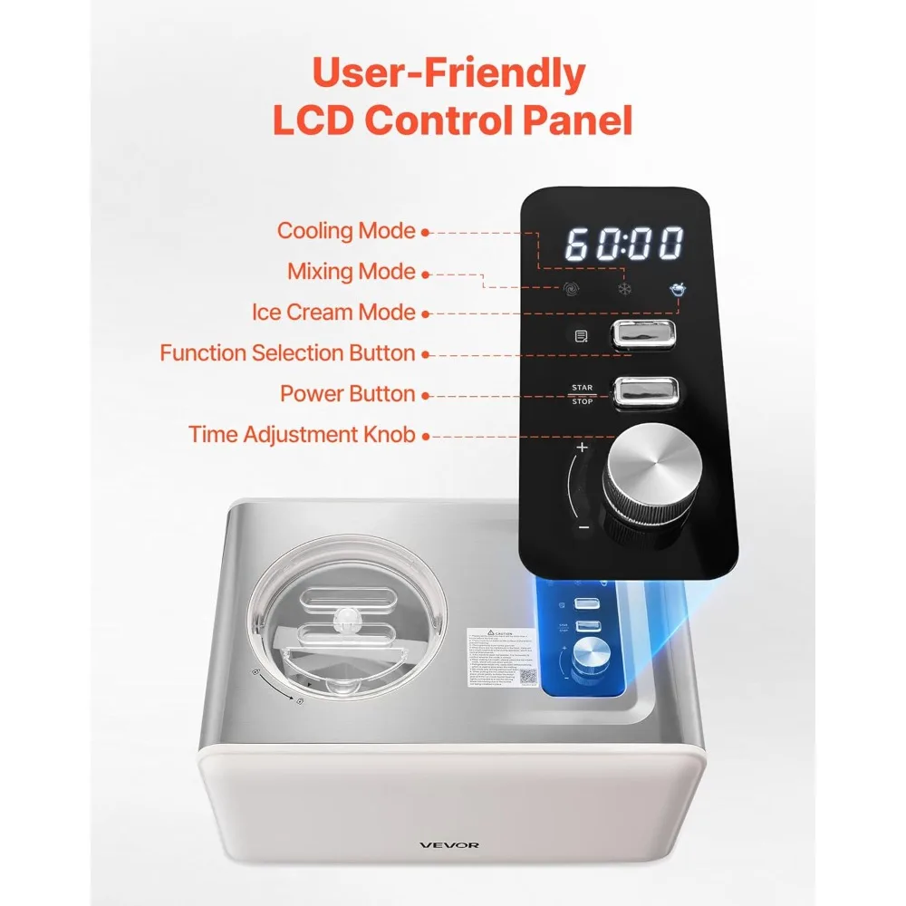 VEVOR Self-Contained Ice Cream Machine - 2 Quart Gelato & Sorbet Maker with Compressor, 3 Operating Modes