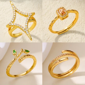 Gold Color Tree Leaf Rings for Women Open Adjustable Pave Zirconia Geometric Star Ring Aesthetic Wedding Fashion Jewelry Gifts