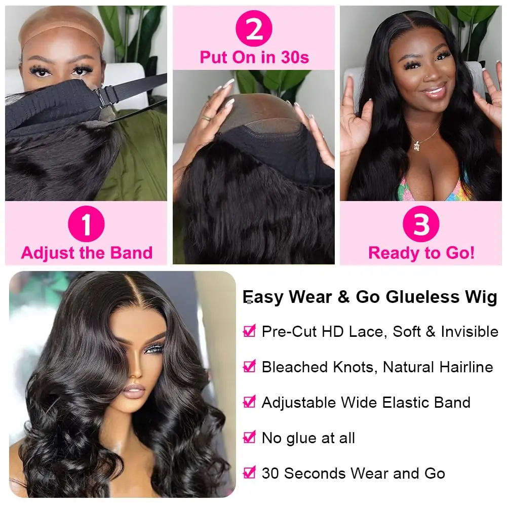 Wear and Go Glueless Wigs Human Hair Body Wave 200% Density 5X5 HD Pre Cut Lace Closure Wigs for Women Pre Plucked Airy Cap
