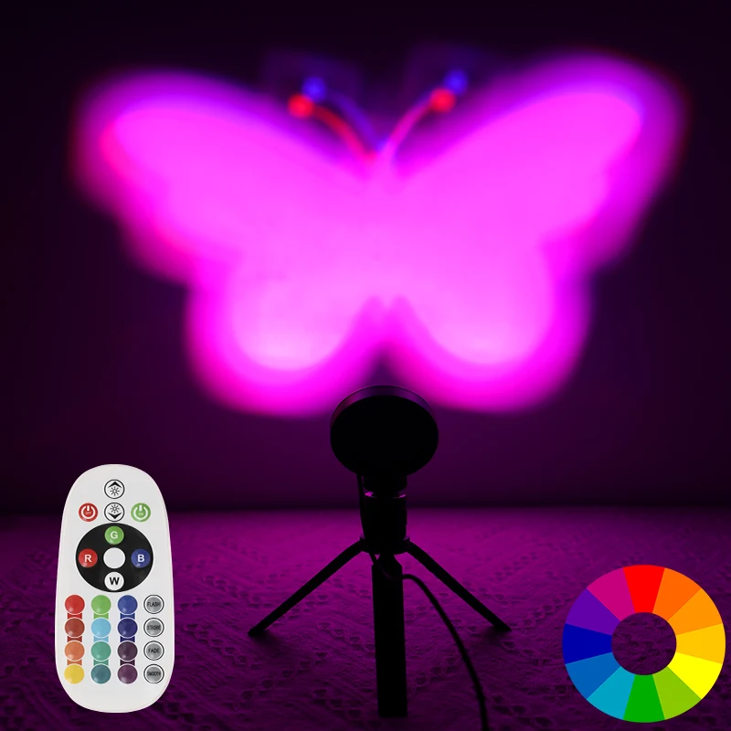 

1PC Sunset Cartoon Butterfly Projector USB 16 Color Change Projector Floor Lamp Night Lamp 360-degree Rotating Decorative Lamp