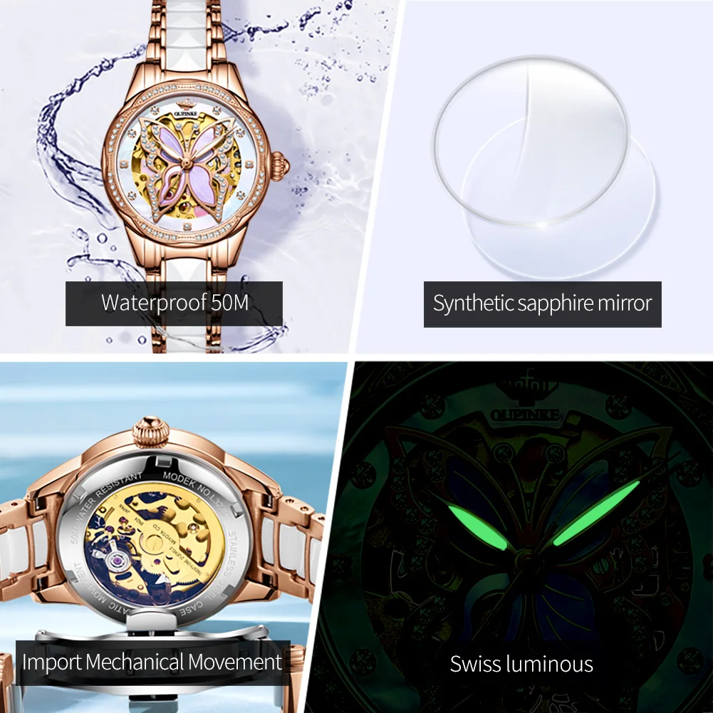 OUPINKE 3239 Original Women's Watches Hollow Out Butterfly Diamond Bezel Automatic Watch for Women Elegant Mechanical Wristwatch 3