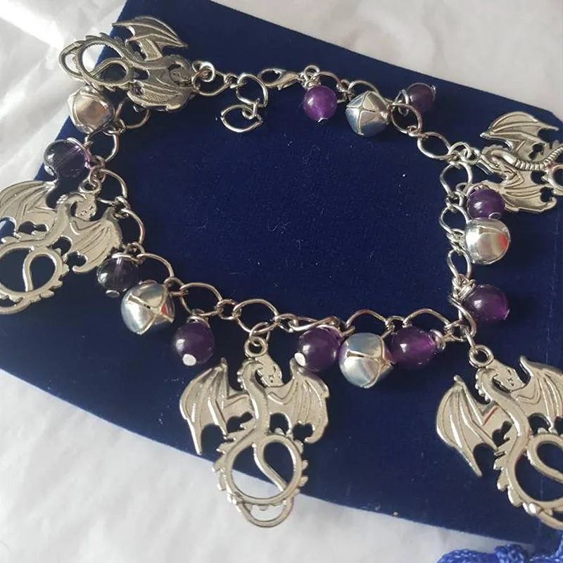 Silver Anklet Bracelet Witches Charm Dragon and Amethyst Anklet Pagan Charm Bracelet