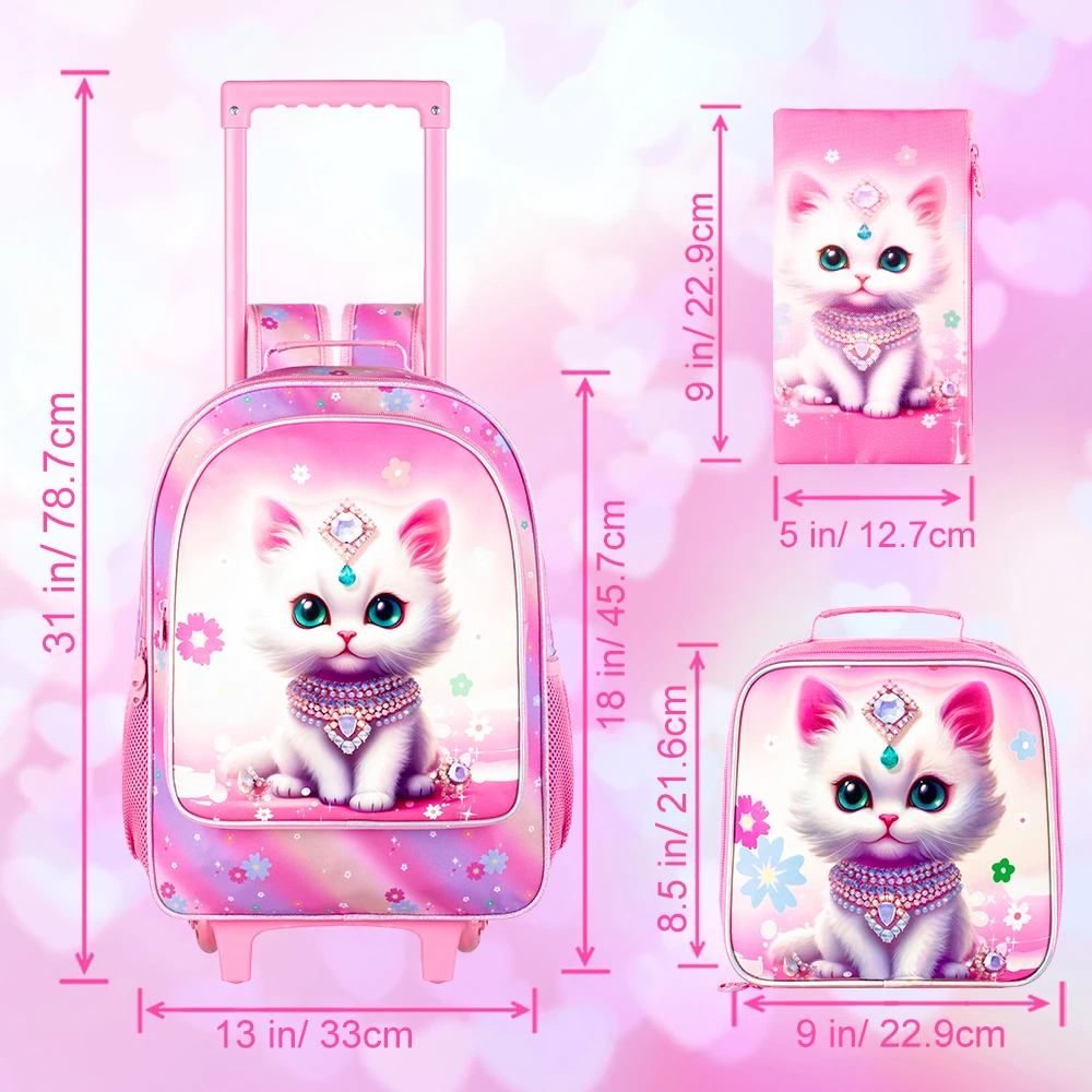 3PCS Rolling Backpack for Girls, Kids Roller Wheels Bookbag, Wheeled Elementary School Bag with Lunch Bag - Cat 3