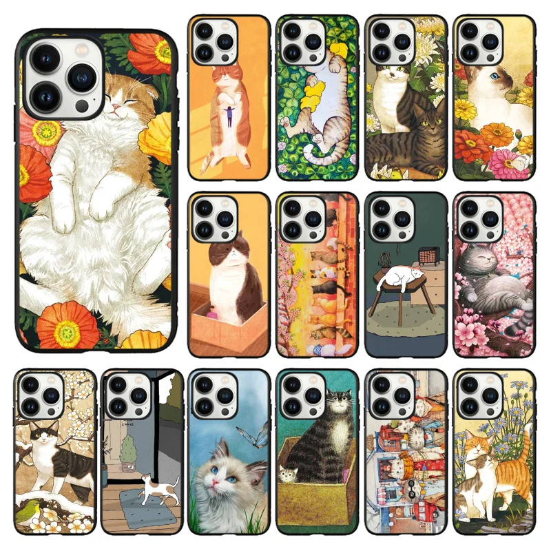 

Cartoon Cats Cat Phone Case for iphone 15 14 13 12 11 Pro MAX X XS Max XR Mini SE 7 8 Plus Black Funda Coque Case