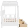 Twin House Bed with Storage Drawers & Bookcase, Montessori Twin Platform Bed Frame with Rails & Roof for Kids Teens Girls Boys 5