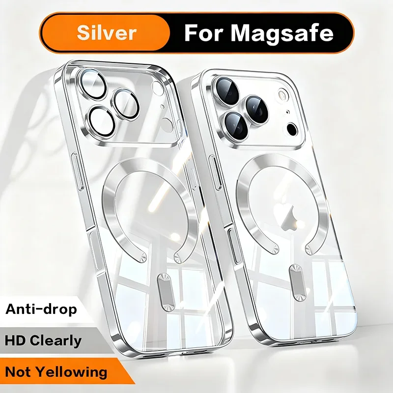 Elegant Fashion Orange Magnetic Clear Case with Wireless Charging Compatibility - Plating Soft Business Cover