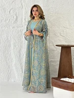 Eid Muslim Abayas for Women Party 2 Piece Set Embroidery Cardigan Robe Lace Up Dress Morocco Kaftan Islam Ramadan Dubai Vestidos 4