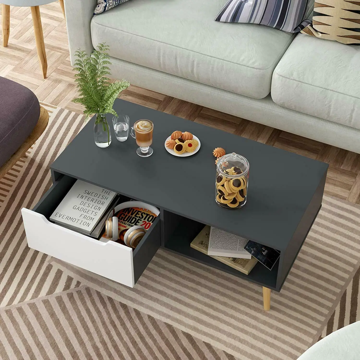 Homfa Modern Coffee Table with Storage Shelf and Drawer Rectangle