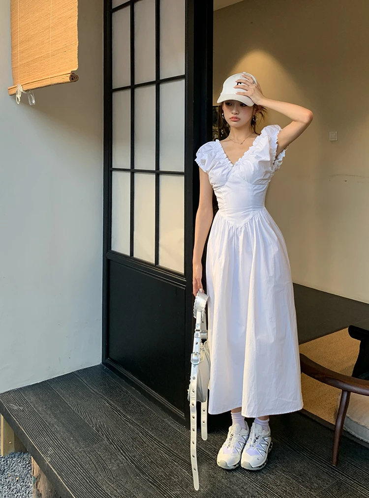 Casual Solid Midi Dresses for Women Korean Chic V-neck Backless High Waist Puff Sleeve A-line Party Dress Summer Vestidos Mujer