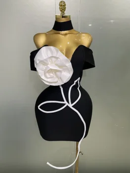 Women 2025 New Sexy Off Shoulder White Flower Black Mini Bodycon Bandage Dress Luxury Celebrity Evening Club Elegant Party Gowns 1