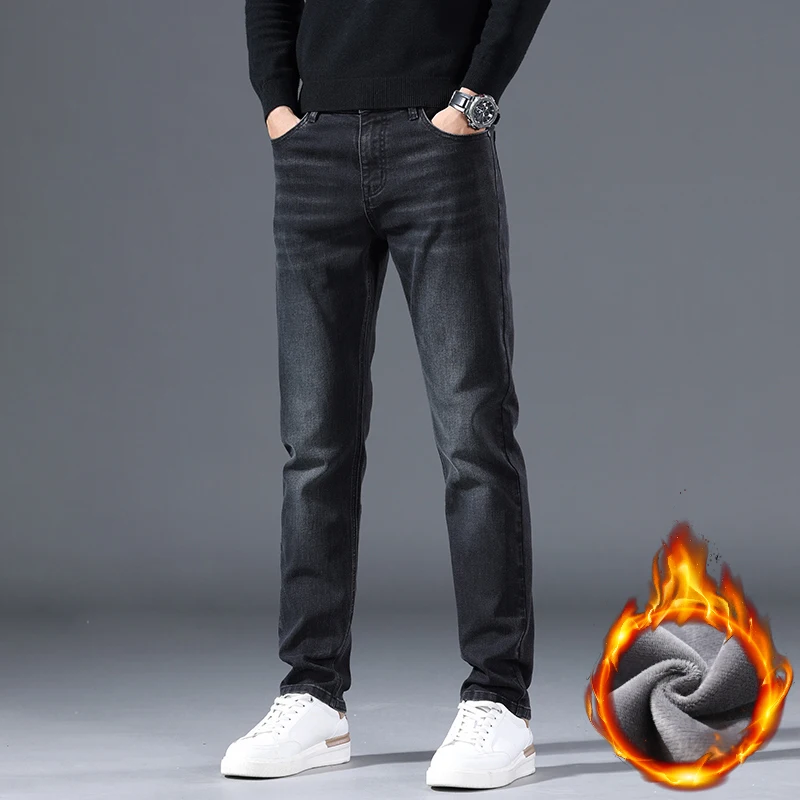 

Winter Men's Fleece Slim Straight Cotton Elastic Jeans Thickened Warm Classic Black Simple Casual Pants Quality Brand Clothes