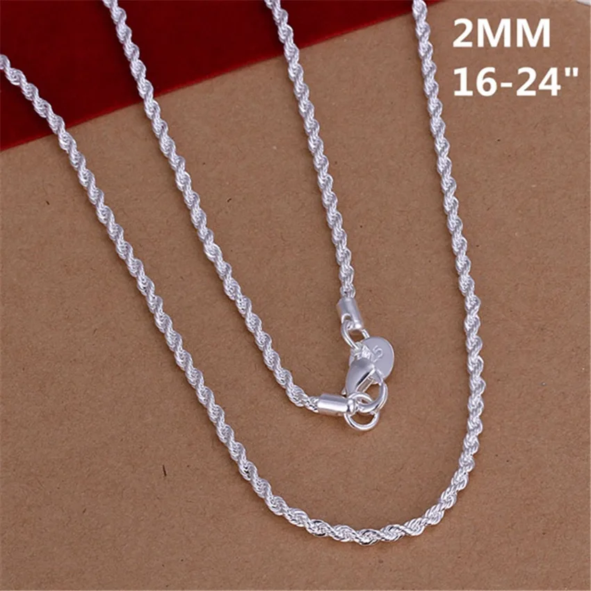 

16-24INCHES 925 Sterling silver 2MM Rope Necklace Beautiful fashion Elegant for women men chain cute Can for pendant