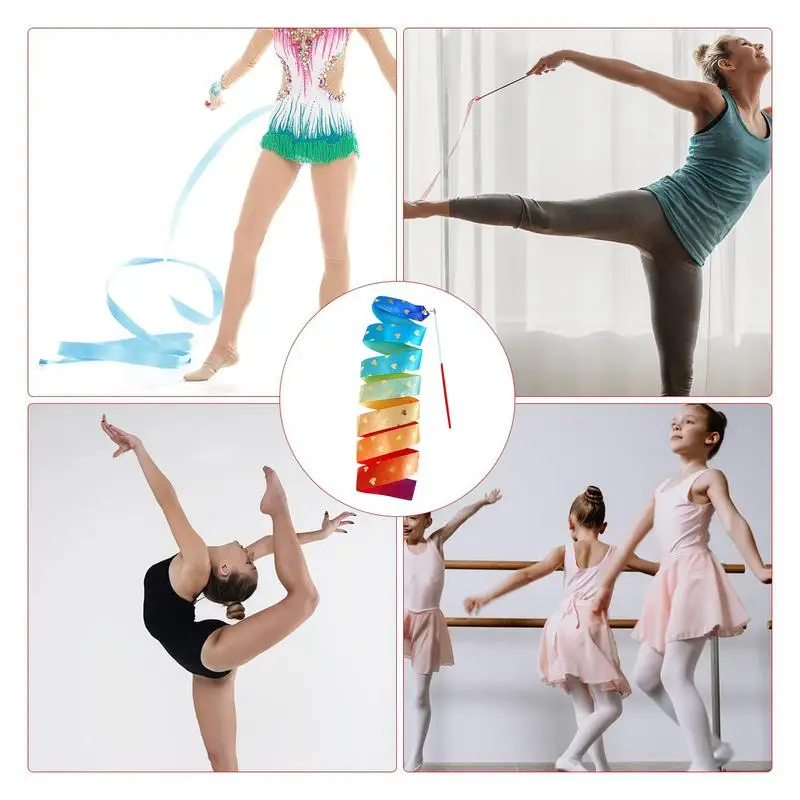 2M Colorful Dance Ribbons Heart Pattern Rhythmic Gymnastics Ribbon Ballet Streamer Twirling Rod Stick KidsGymnastics Props